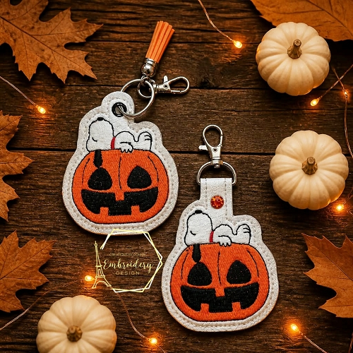 White Beagle & Pumpkin Snaptab / Keyfob Embroidery Design